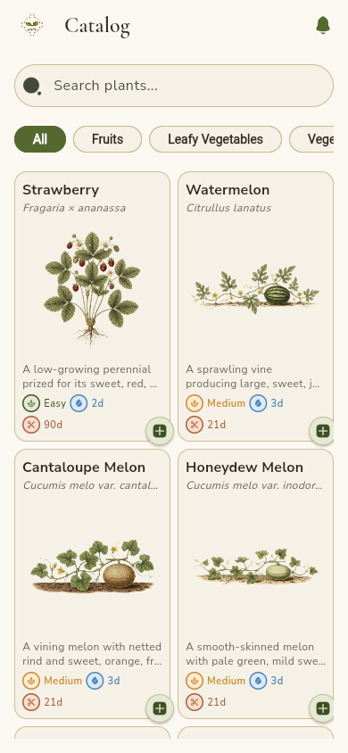 SproutLog catalog screen showing plant cards for strawberry, watermelon, cantaloupe and honeydew