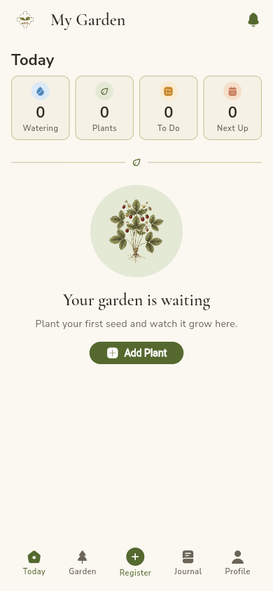 SproutLog home screen with today's watering, plants, to-do and next up counts