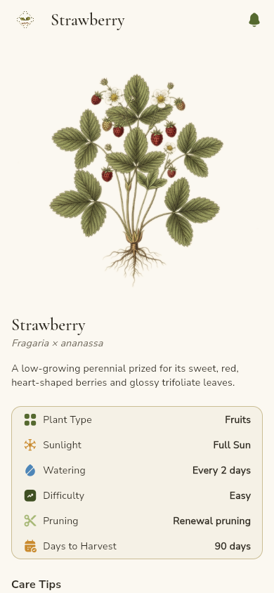 SproutLog species details screen for strawberry with care info panel